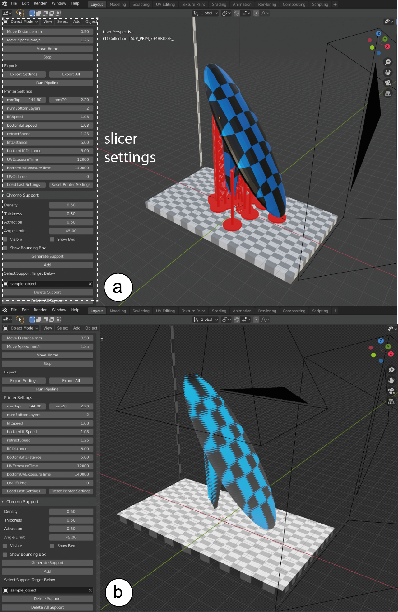 The top figure shows a model of a surfboard that has been loaded into the ChromoPrint user interface. On the left-hand side are various slice settings, such as the layer thickness, UV exposure times, lift and retraction speeds of the build plate, and options of add support structures to the model. The bottom image shows an image of the surfboard that has been sliced with the desired slicer settings. The `Export all' button allows all the resulting information to exported for printing.