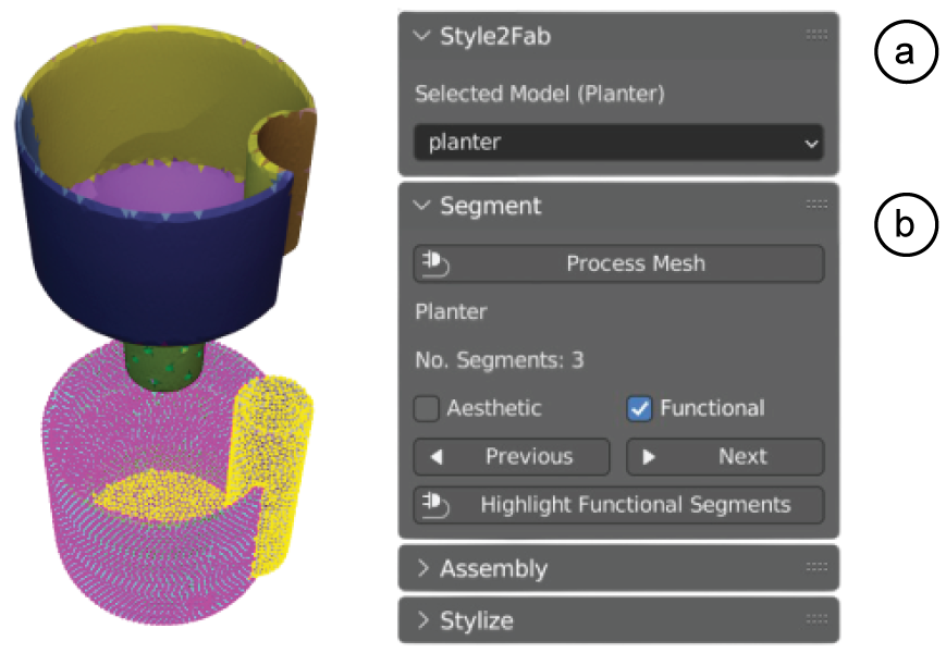 Figure 5: In the Style2Fab UI, the user (a) loads their model
							and (b) browses the functionality labels after segmentation.